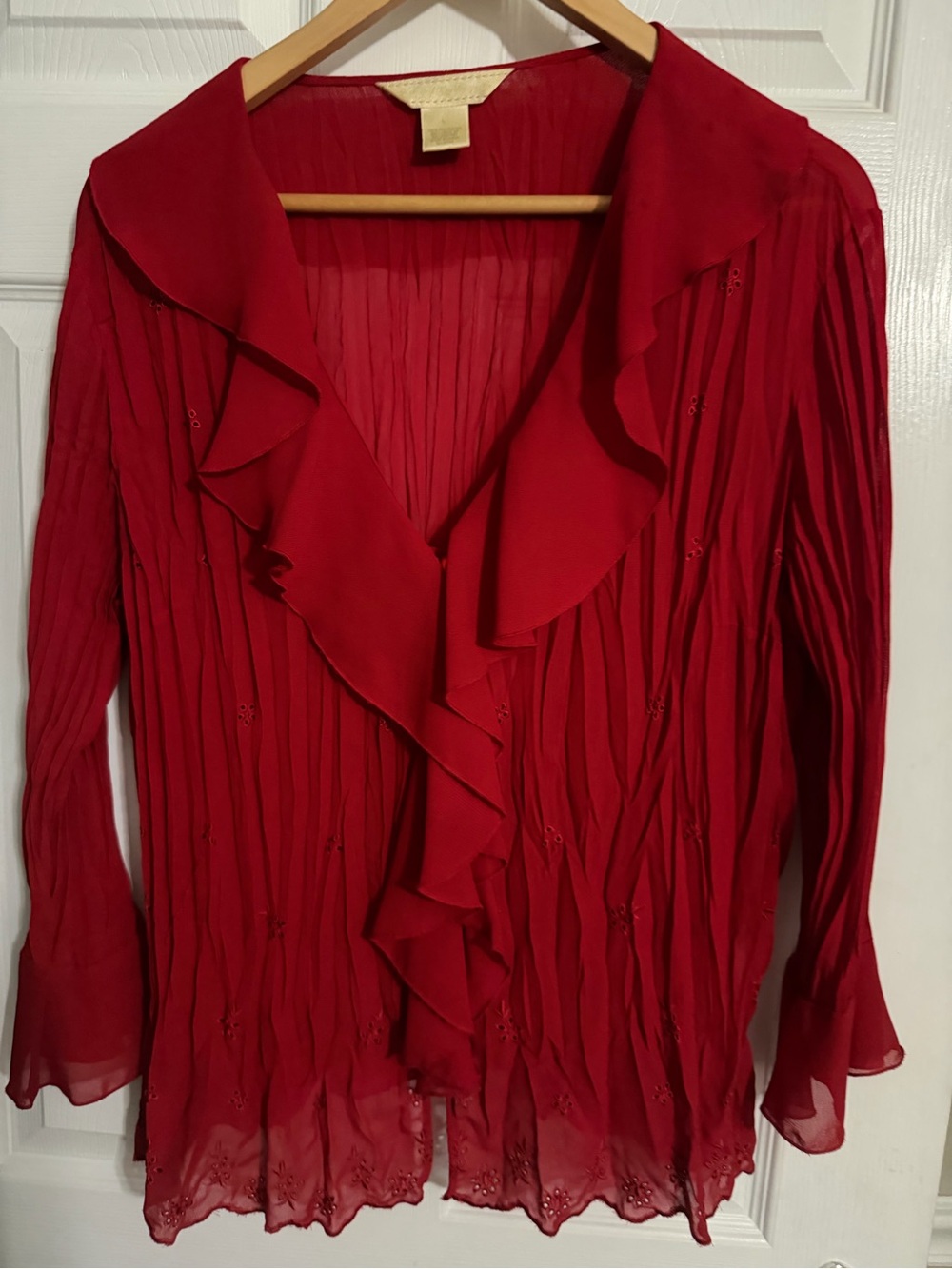 Women's Red Ruffle Front Blouse, L